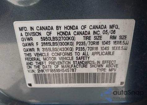 2006 Honda Pilot Ex-L z USA, uszkodzony, nr VIN 2HKYF18516H545787